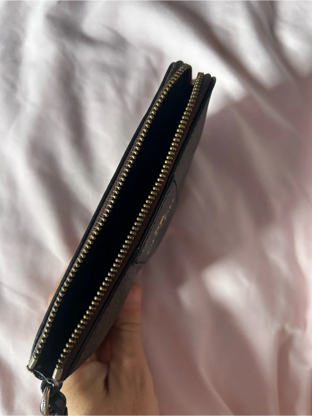 Coach F54429 Signature Canvas Leather Corner Zip Wristlet Brown Black